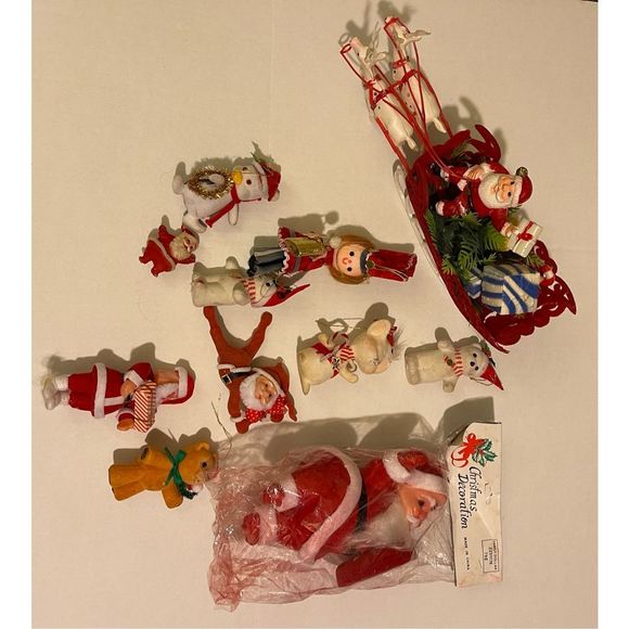 Vintage Christmas Flocked ornaments Santa Claus Sleigh lot of 11 - Picture 1 of 6